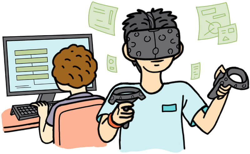 A student using a VR headset while another student uses a computer.