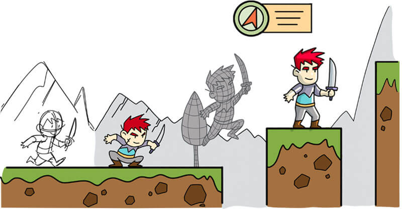 Concept art of a character jumping across platforms within different stages of development.