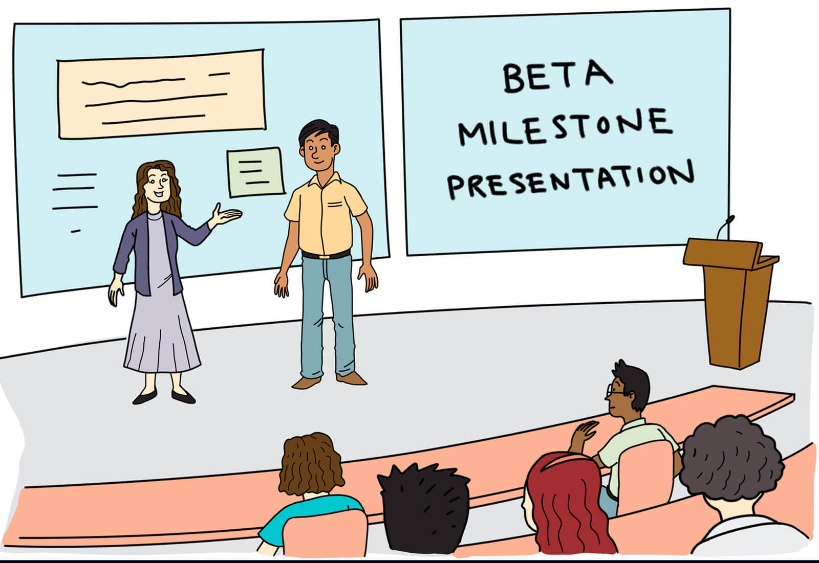 Two students presenting their beta milestone presentation to a group of five other students.