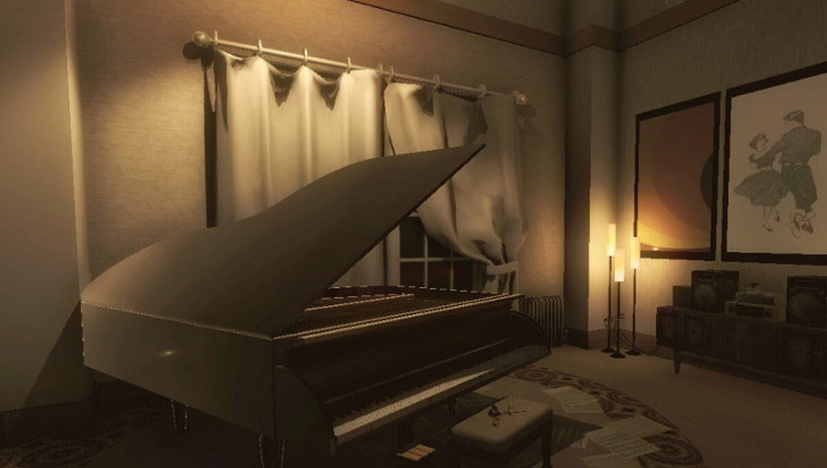 A grand piano sitting open in the corner of a warmly lit room