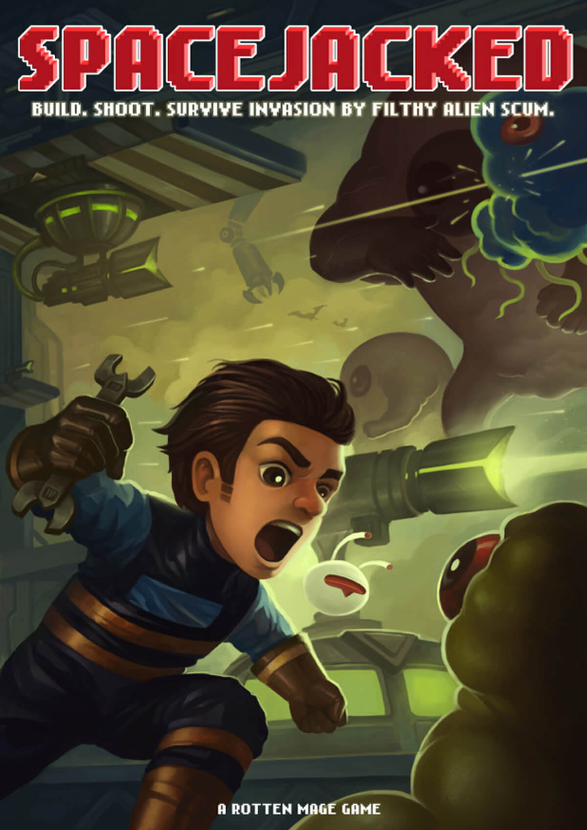 Stylized poster for Spacejacked, with the character lunging at a green alien with a wrench