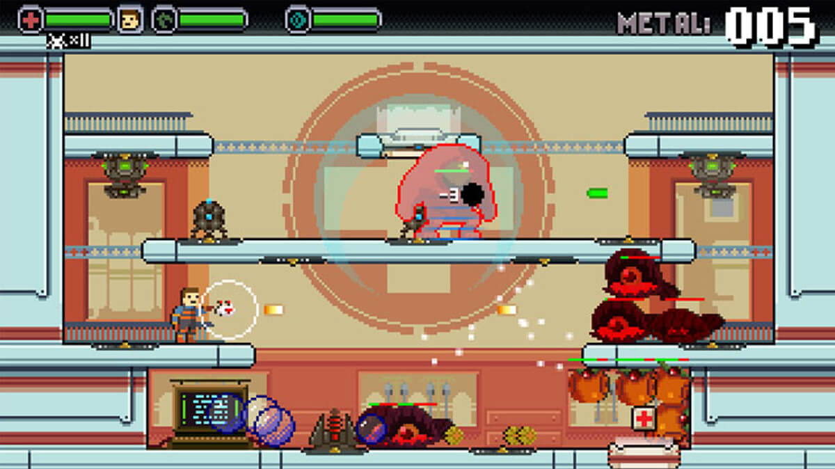 Screenshot of Spacejacked; a 2D character shoots a weapon at red blobby aliens