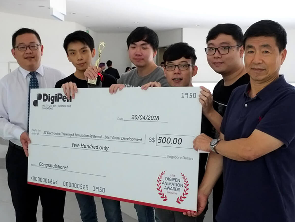 Members of the DigiPen (Singapore) team behind the winning animated film Theia Heavy Industries pose with Mr. Tan of ST Electronics