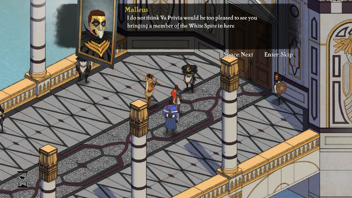 Screenshot of Masquerada in isometric view, with a headshot of a character and his speech bar across the top of the screen