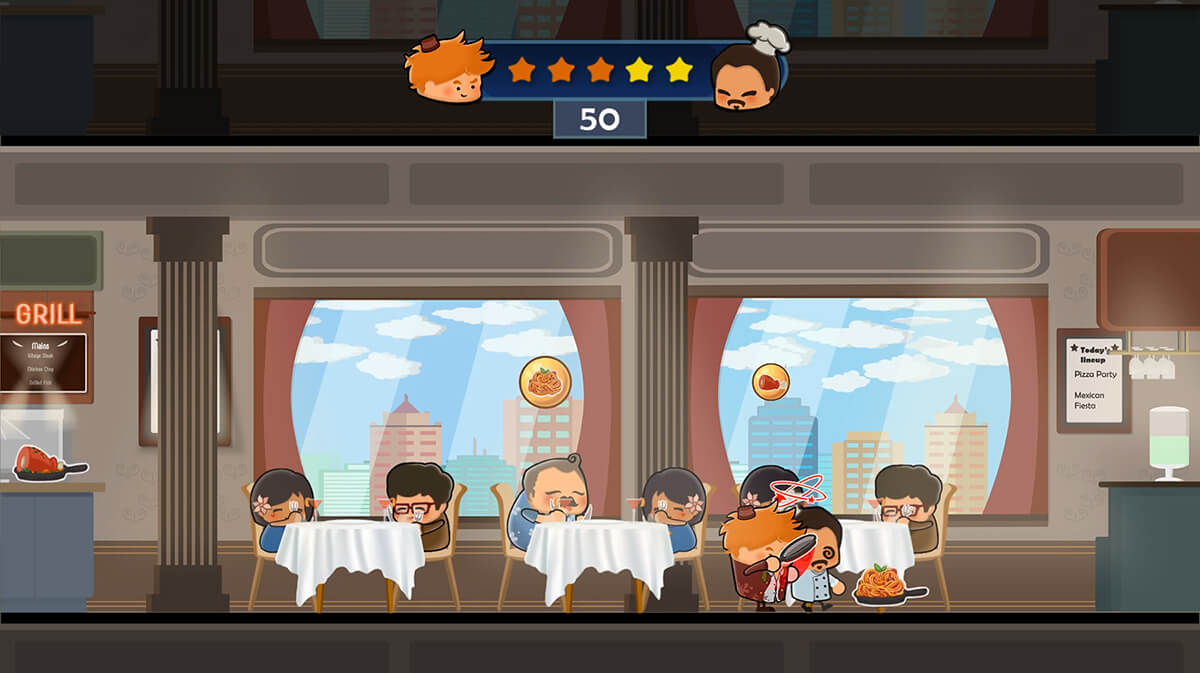 Screenshot from DigiPen game Hotel Hideaway depicting a restaurant with seated customers and windows facing a city skyline.