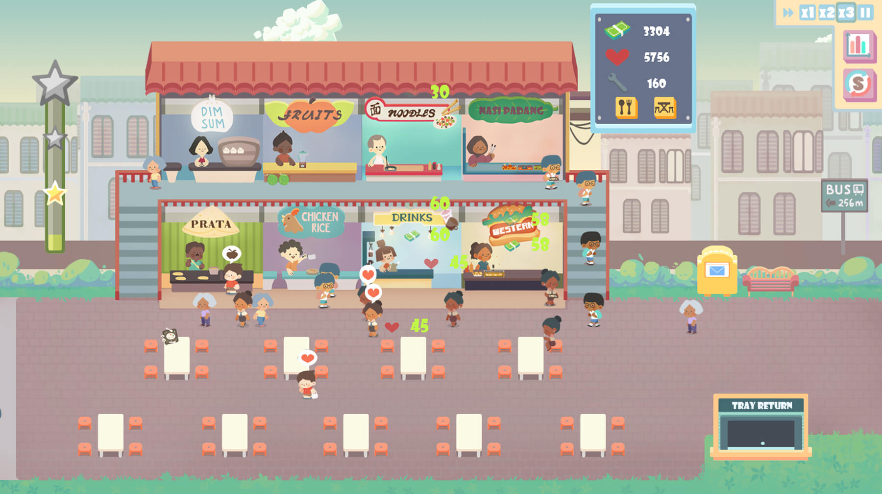 Kopitiam Ong game screenshot shows a top-down view of food vendors and customers.