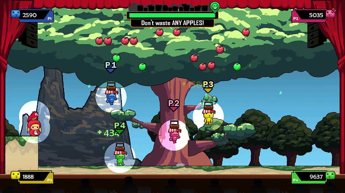 Screenshot from The Show Must Go On depicting a stage with an apple tree backdrop and spotlit creatures with baskets on heads.