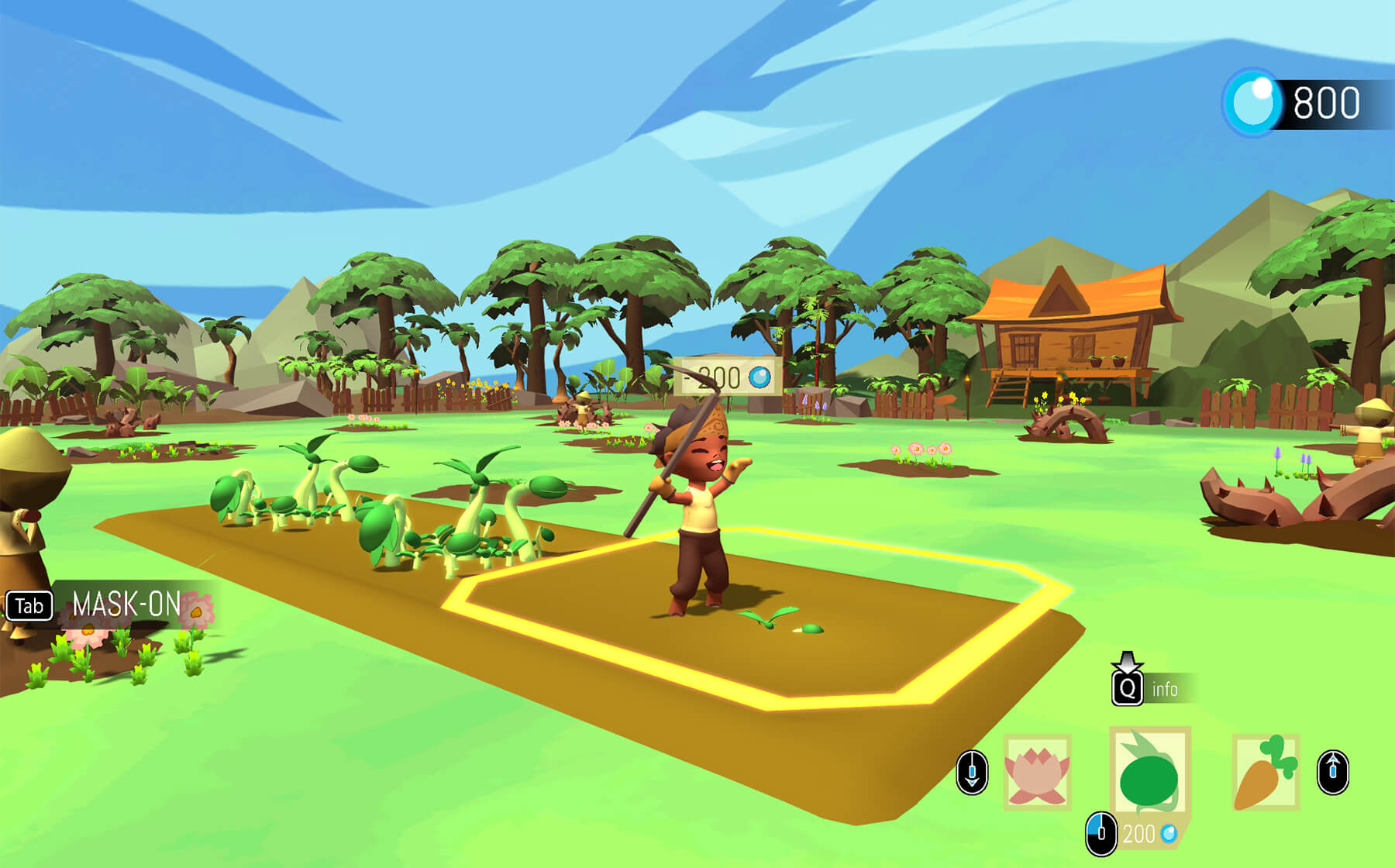 A game character happily holds a scythe in a garden