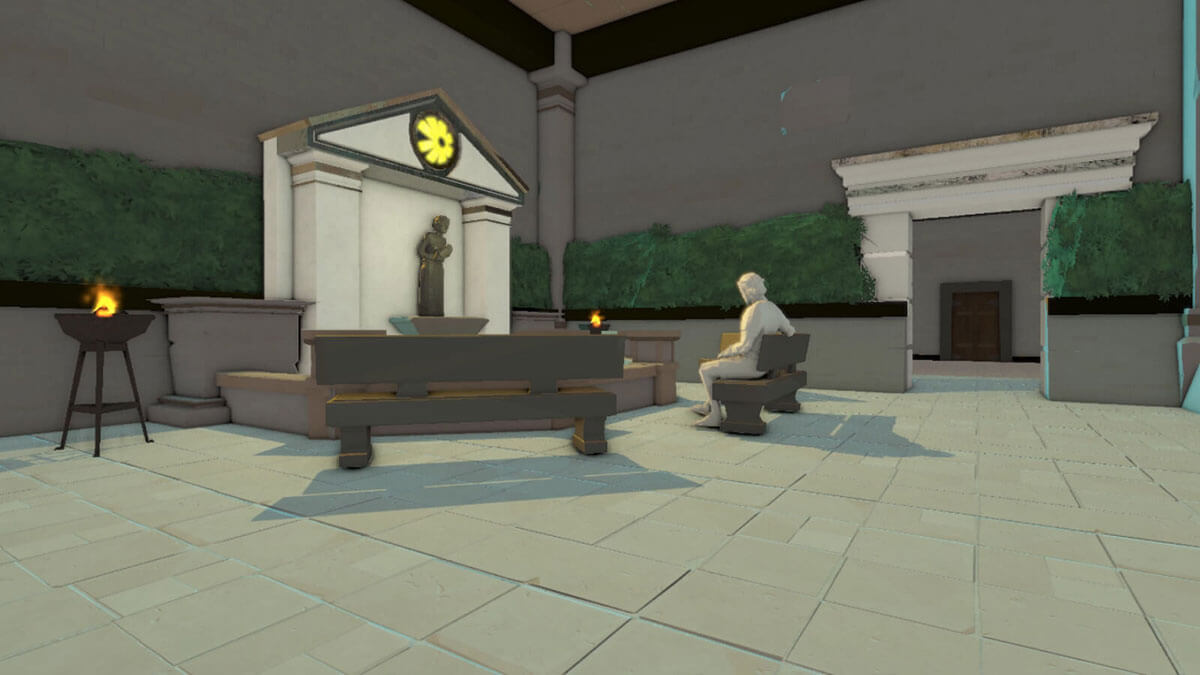 A stone character sits on a bench before an altar.