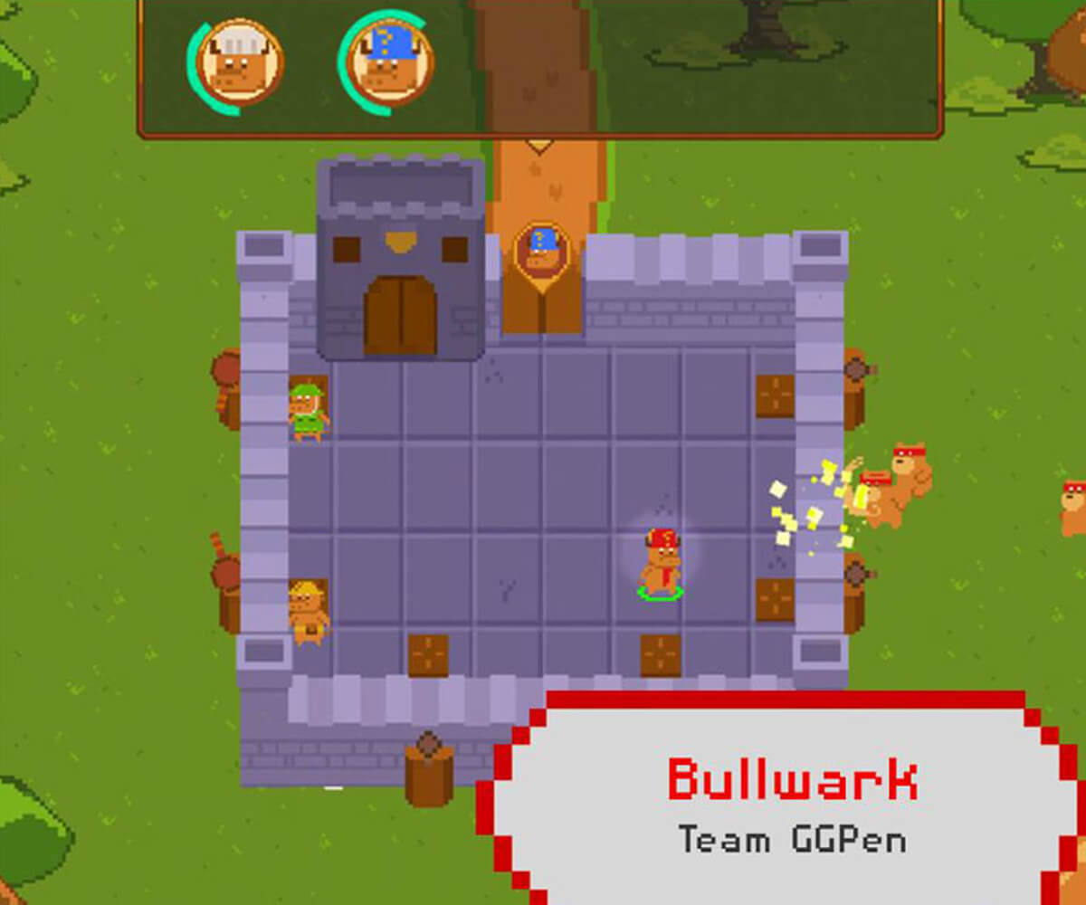 Screenshot of the winning game jam game, with several bulls facing attack from bears inside a castle