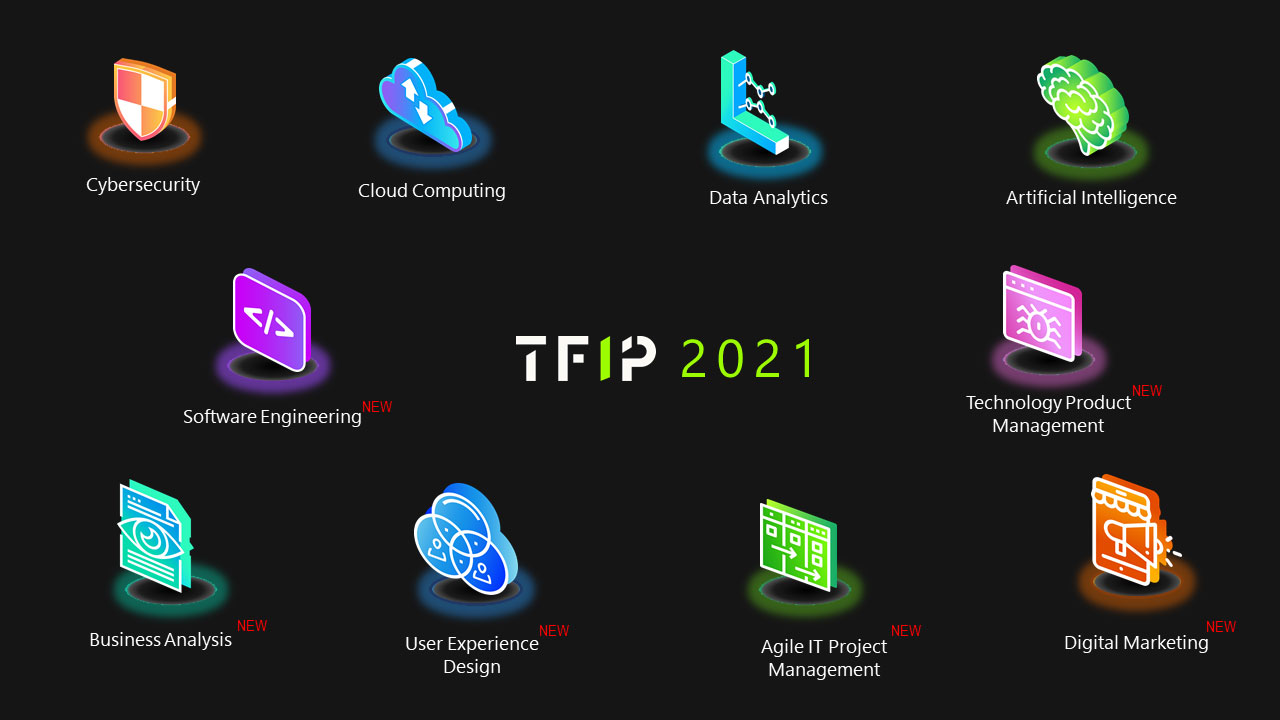 Stylized TFIP 2021 logo with various types of programs surrounding it with accompanying icons