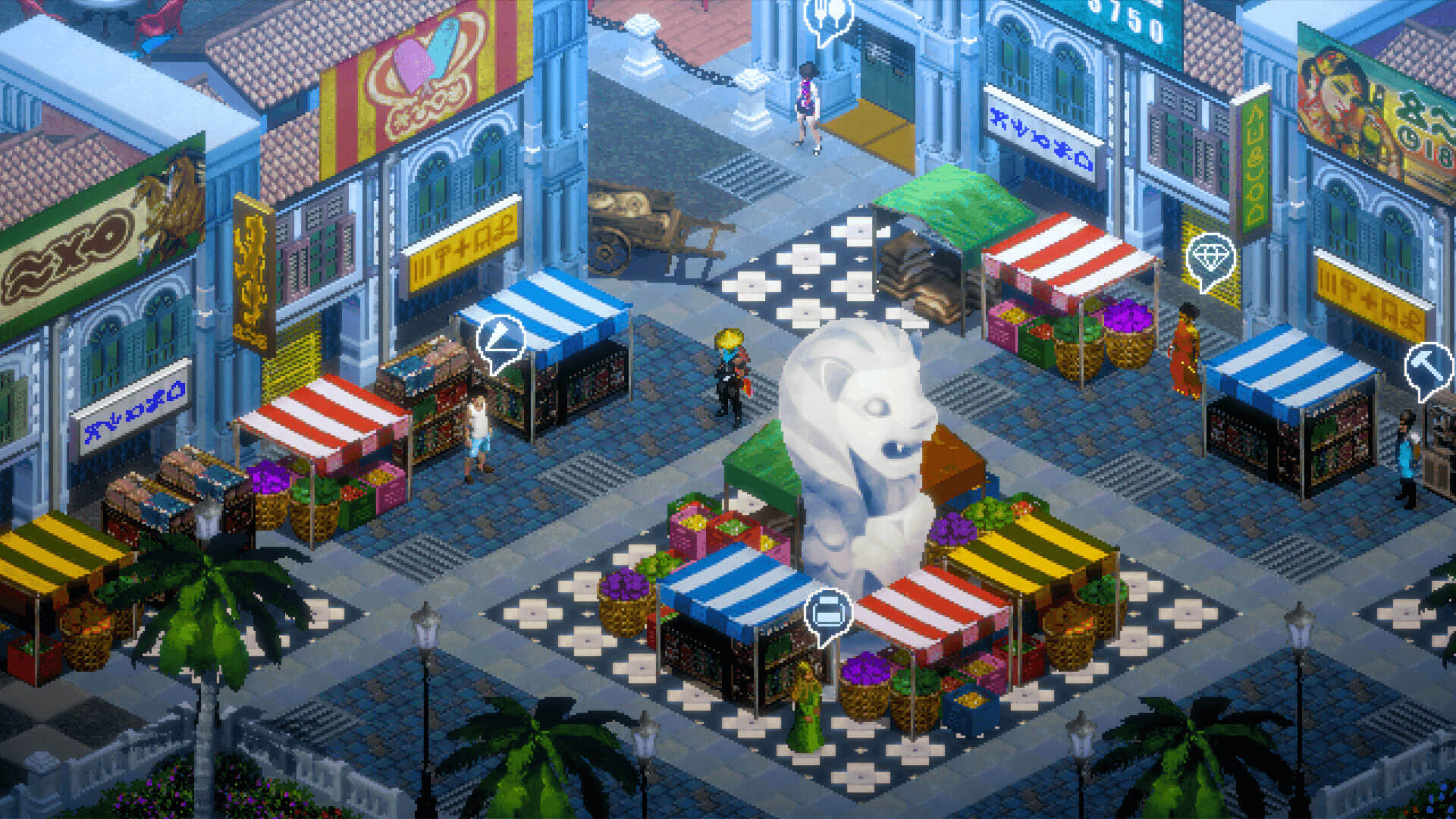 Isometric view of a 2D character standing in a market square