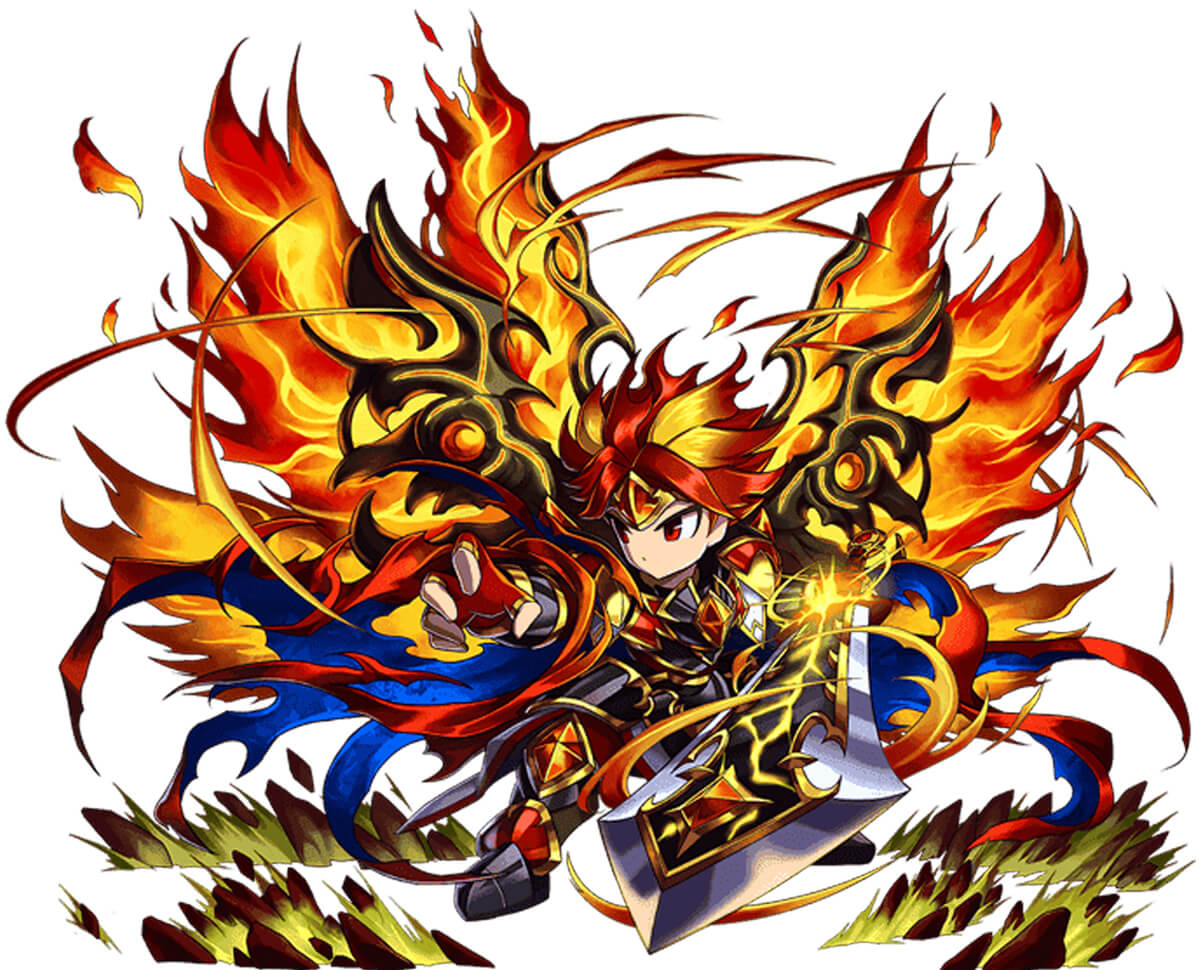 Character art from the game Brave Frontier, a figure is dressed in fiery armor and holding a longsword