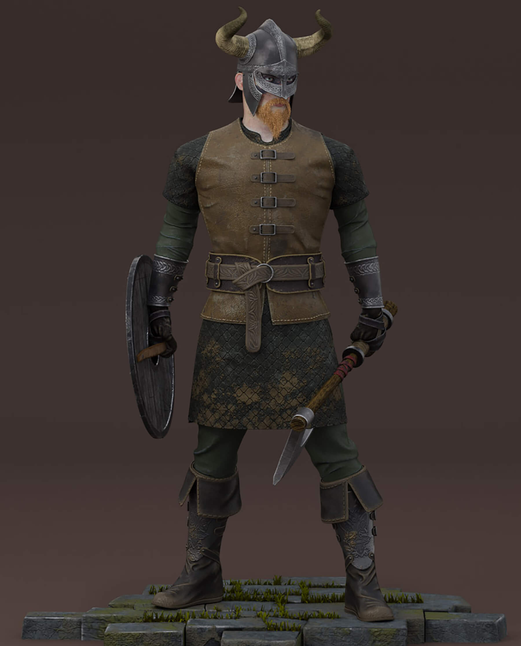 A red-bearded Viking character with horned helmet, standing on cobblestone and holding a one-handed axe, and round shield.