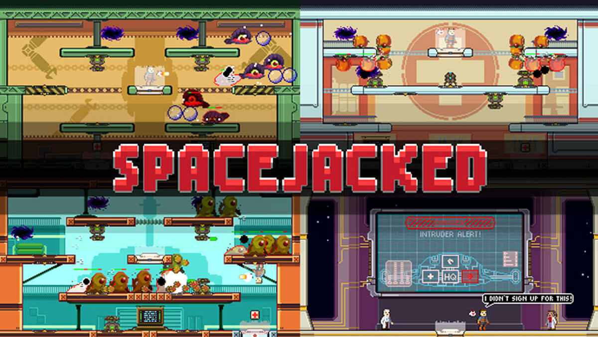 Screenshot of Spacejacked, four screens of a colorful 2D platformer game are arranged in each corner