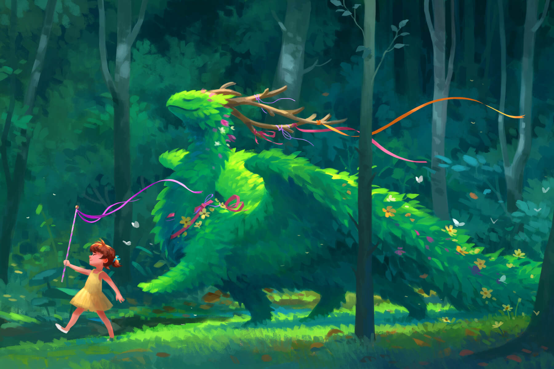 A girl marches through a forest with a mythological beast made of leaves, by Sandara Tang.