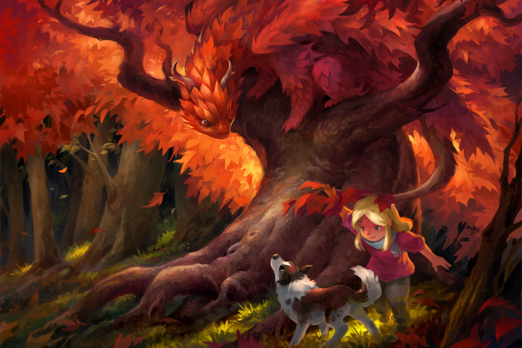 A girl and her dog walk through a forest watched from above by a small dragon, by Sandara Tang.