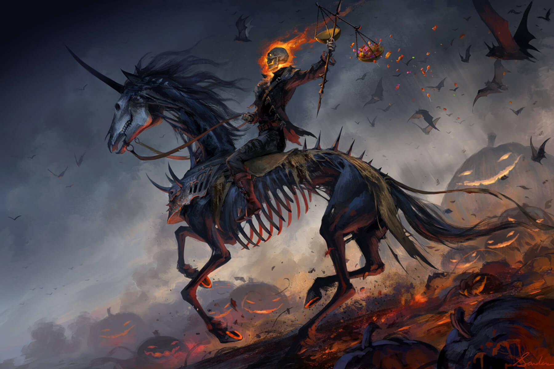 A skeleton with a flaming skull rides a skeletal horse past demonic jack-o-lanterns, by Sandara Tang.