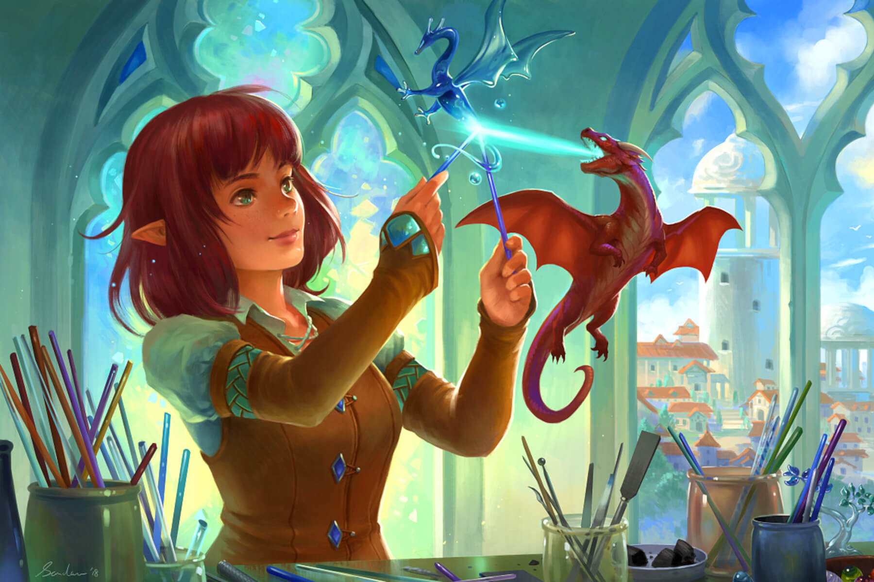 A young elf creates a glass sculpture of a dragon aided by a tiny fire-breathing dragon, by Sandara Tang.