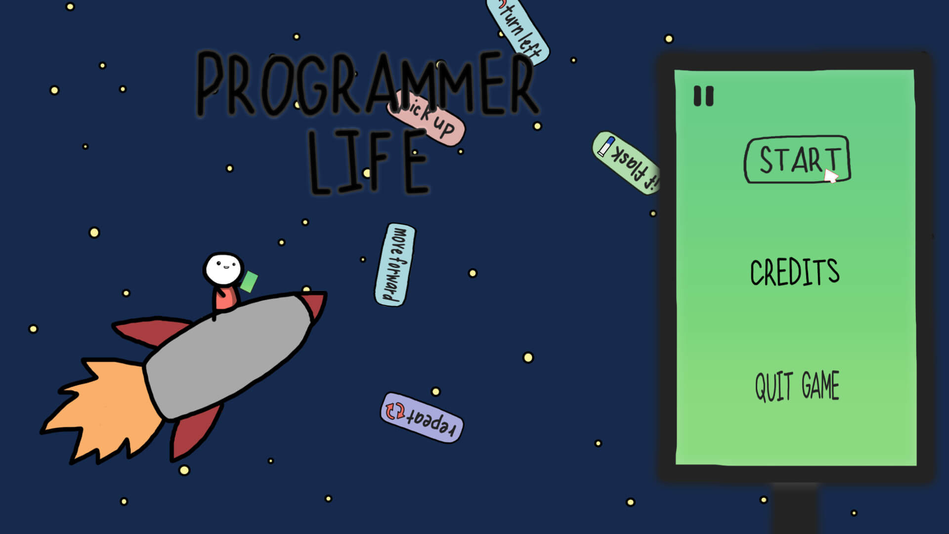 Still image of main menu from Programmer Life, a game developed by DigiPen (Singapore) students.