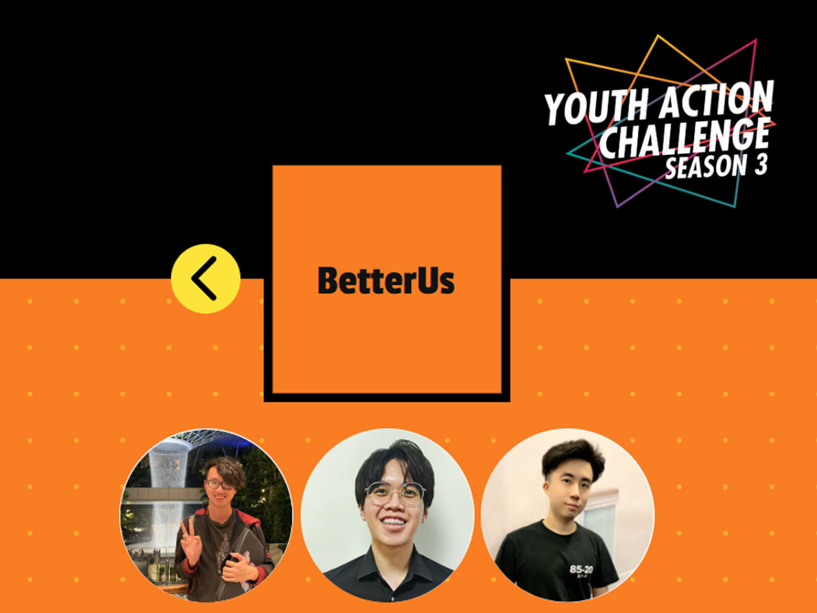 Youth Challenge Season 3 logo sits above BetterUs log and three photos of DigiPen Singapore students.