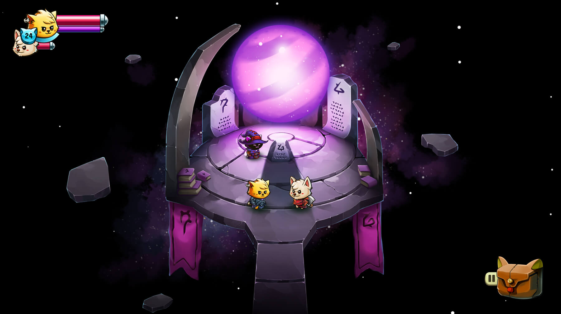 Three animal characters stand atop an ancient shrine floating in the dark void of space.