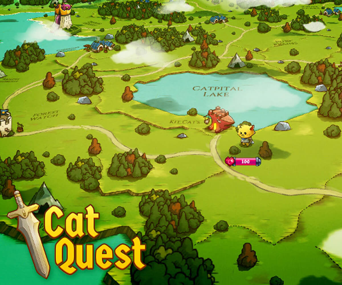 Screenshot of Cat Quest Game in a vibrant green countryside with forests and lakes