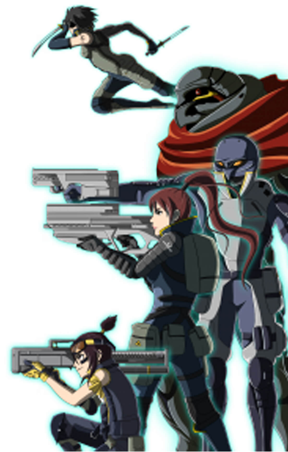 Five anime-style characters seen from the side aiming weapons or leaping toward the left with daggers