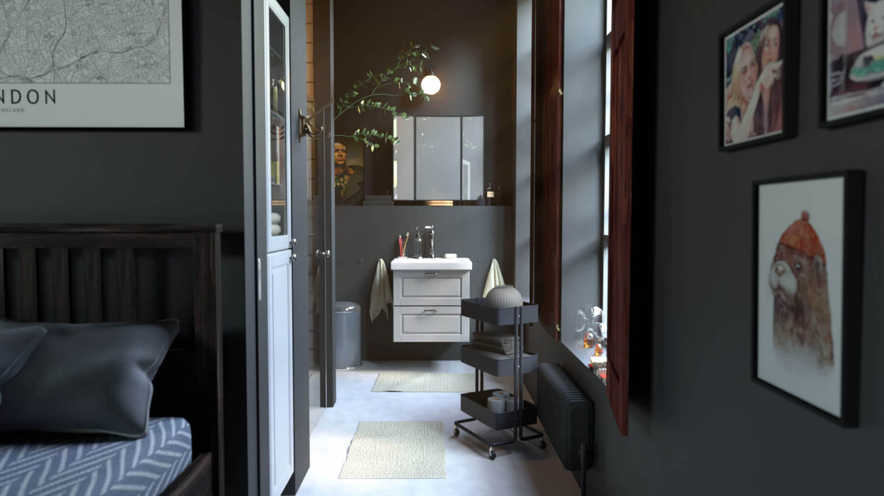 3D render of an apartment hallway leading to a bathroom