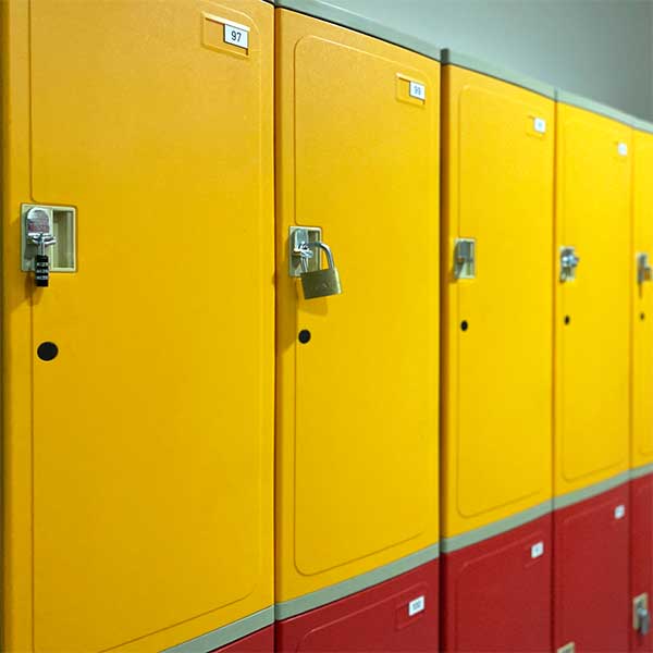 Larger rows of yellow and red lockers