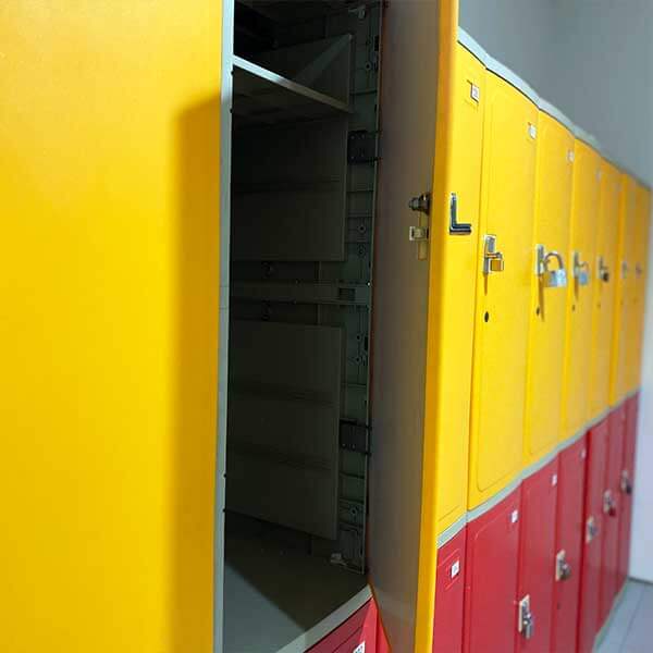 Alternate view of larger rows of yellow and red lockers