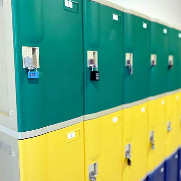 Rows of green and yellow lockers