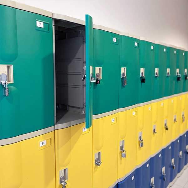 Alternate view of rows of green and yellow lockers