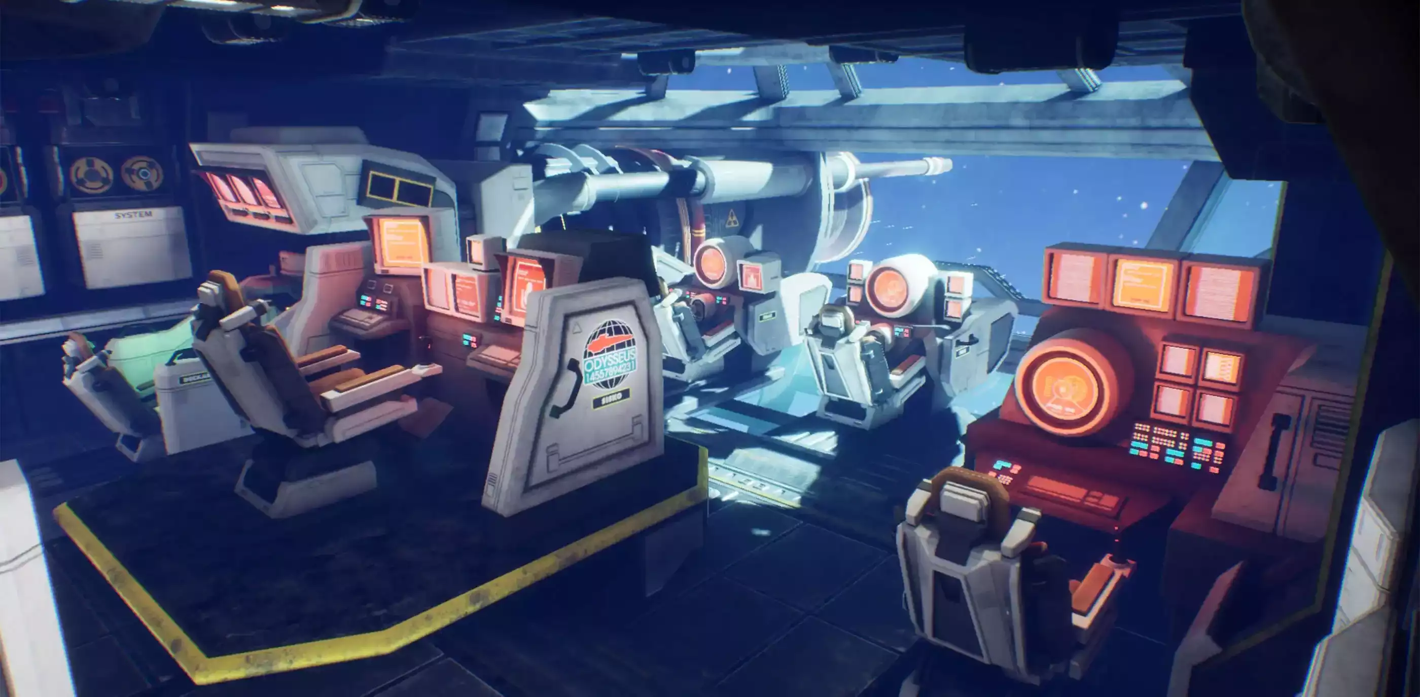 Multiple futuristic starship helms look out over the void of space