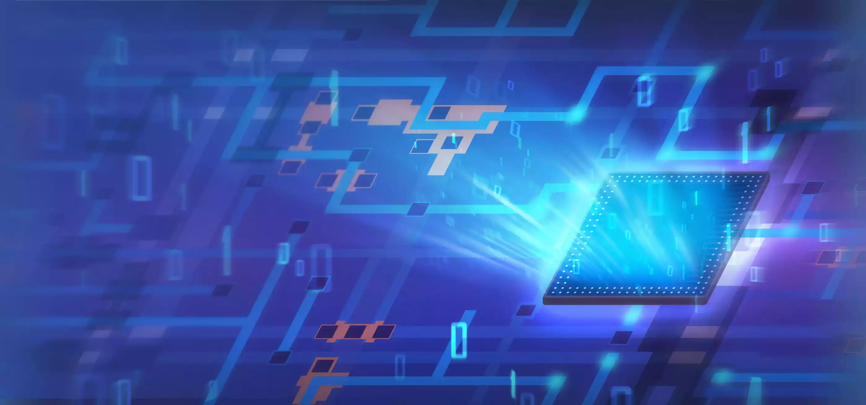 Stylized representation of a circuit board in blues and purples with glowing microchip and floating ones and zeroes.