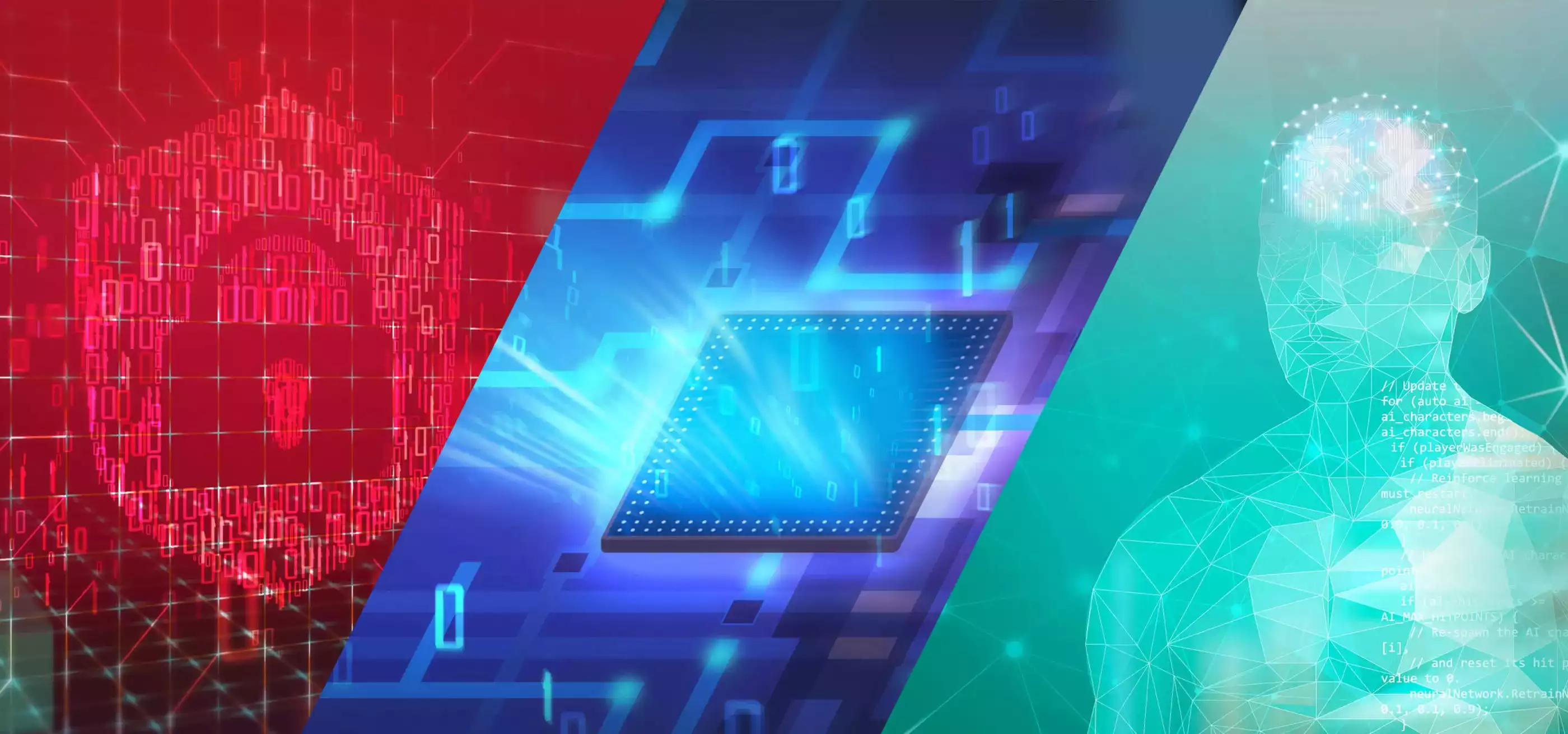 Stylized graphical triptych of a padlock of ones and zeroes, a microprocessor chip, and a translucent polygonal human