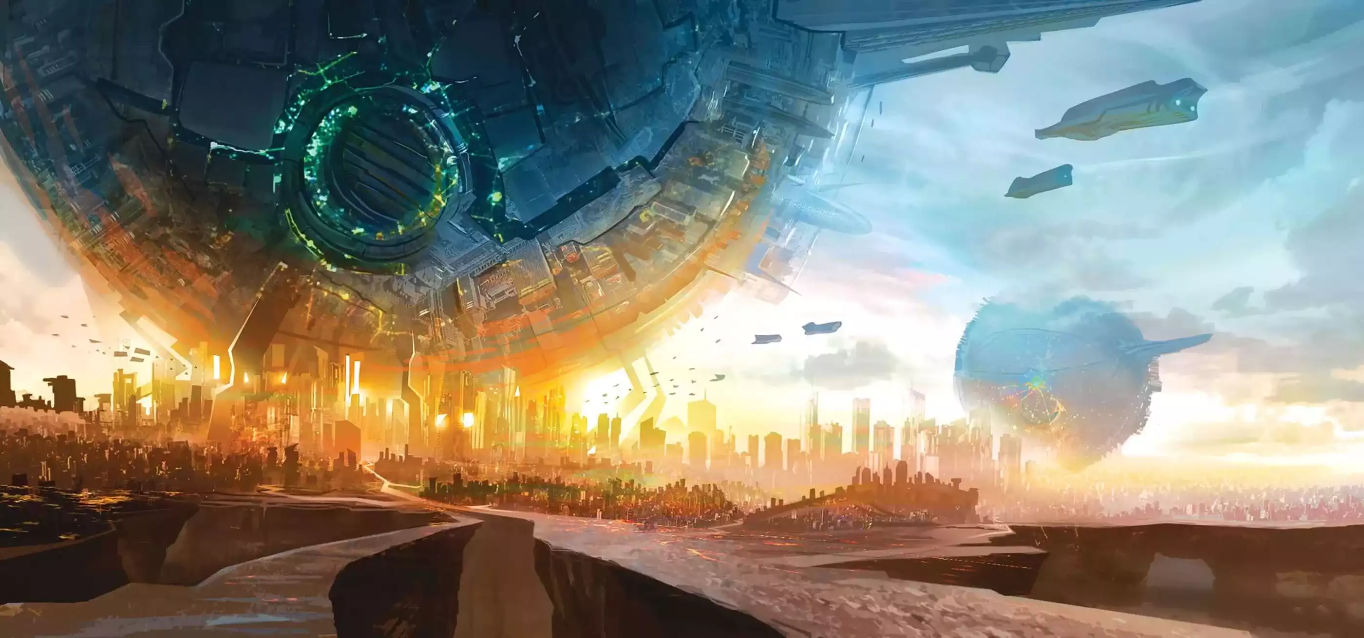 Gigantic metal sphere structures tower over futuristic cities as air/space-ships fly through the sky.