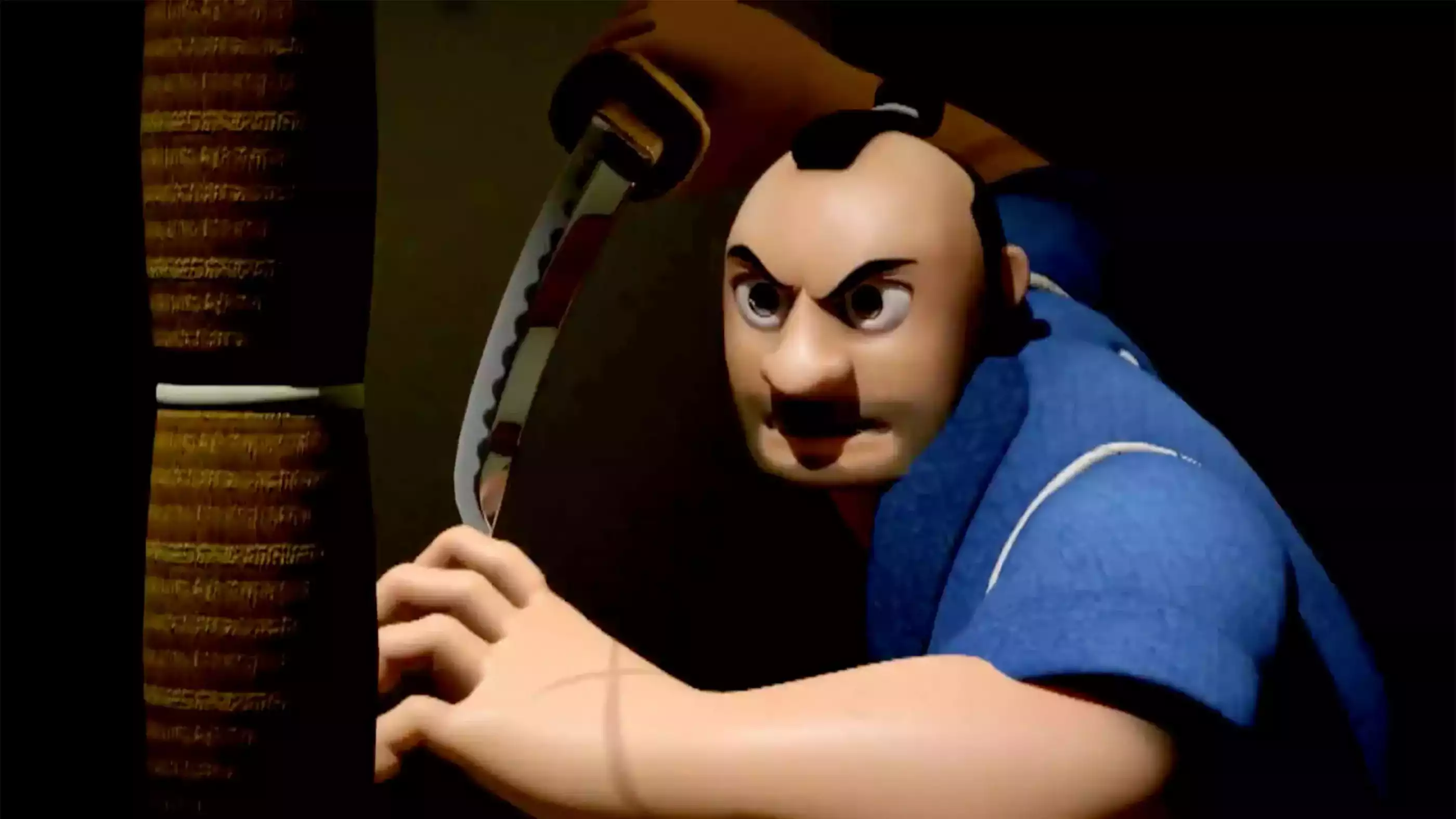 A samurai in a blue tunic and sword drawn stares stares intently at a rolled-up straw mat.