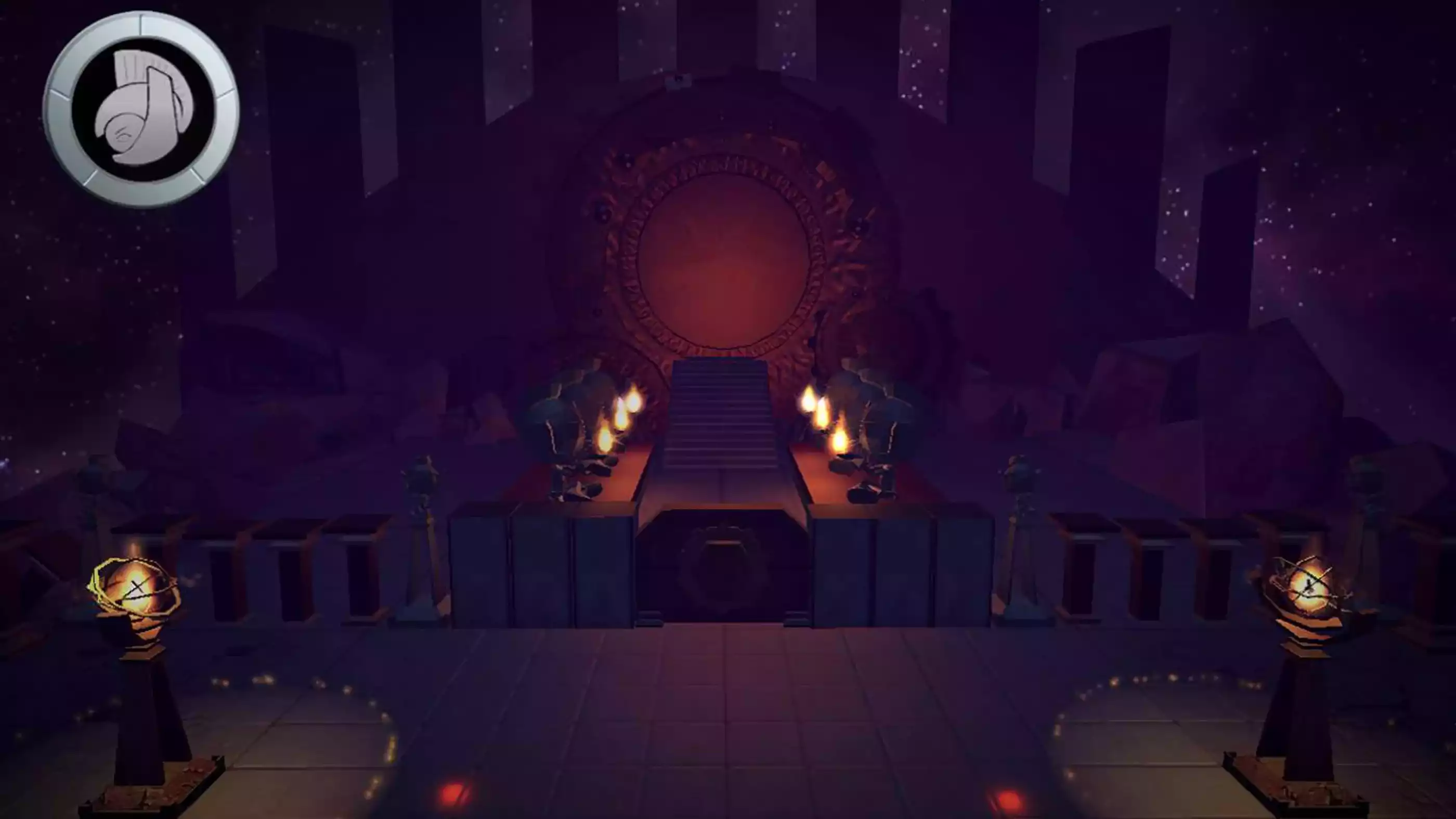 A flame-lit shrine sits empty on the world of Aratea