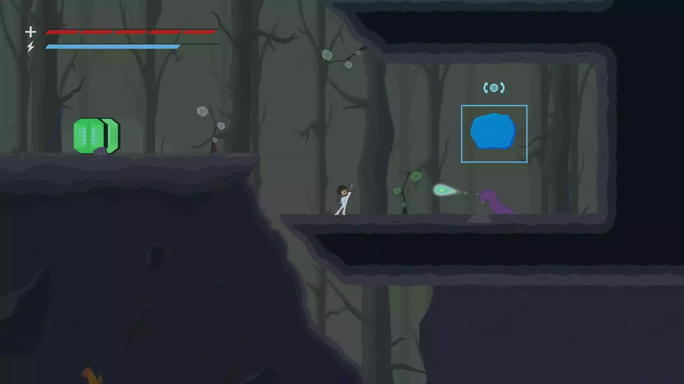 A futuristic 2D character levitates a boulder above the head of a purple slug alien in a rocky, dimly lit world.