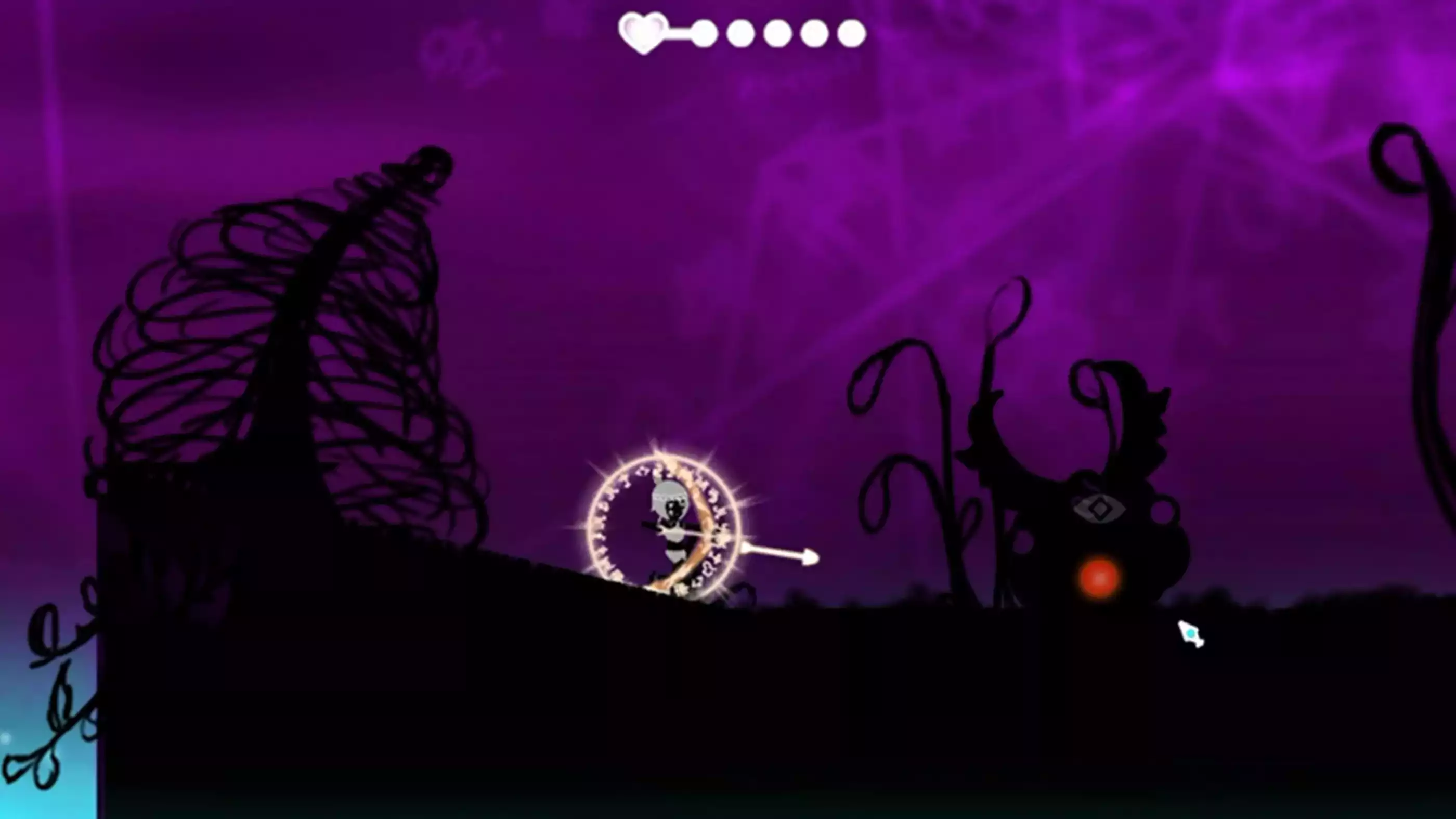 The player's character shoots a shining white arrow at an enemy. She is surrounded by a circle of glowing, white runes.