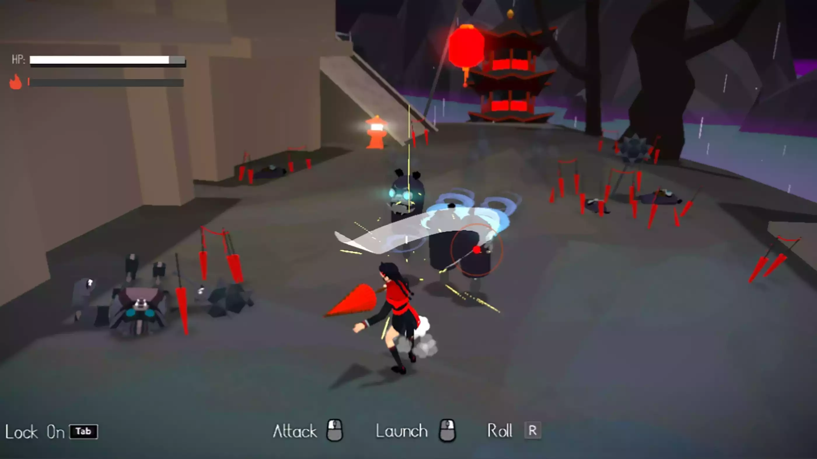 A girl in a red-and-black uniform swats at robotic beasts with her red umbrella on a dark, rainy battlefield.