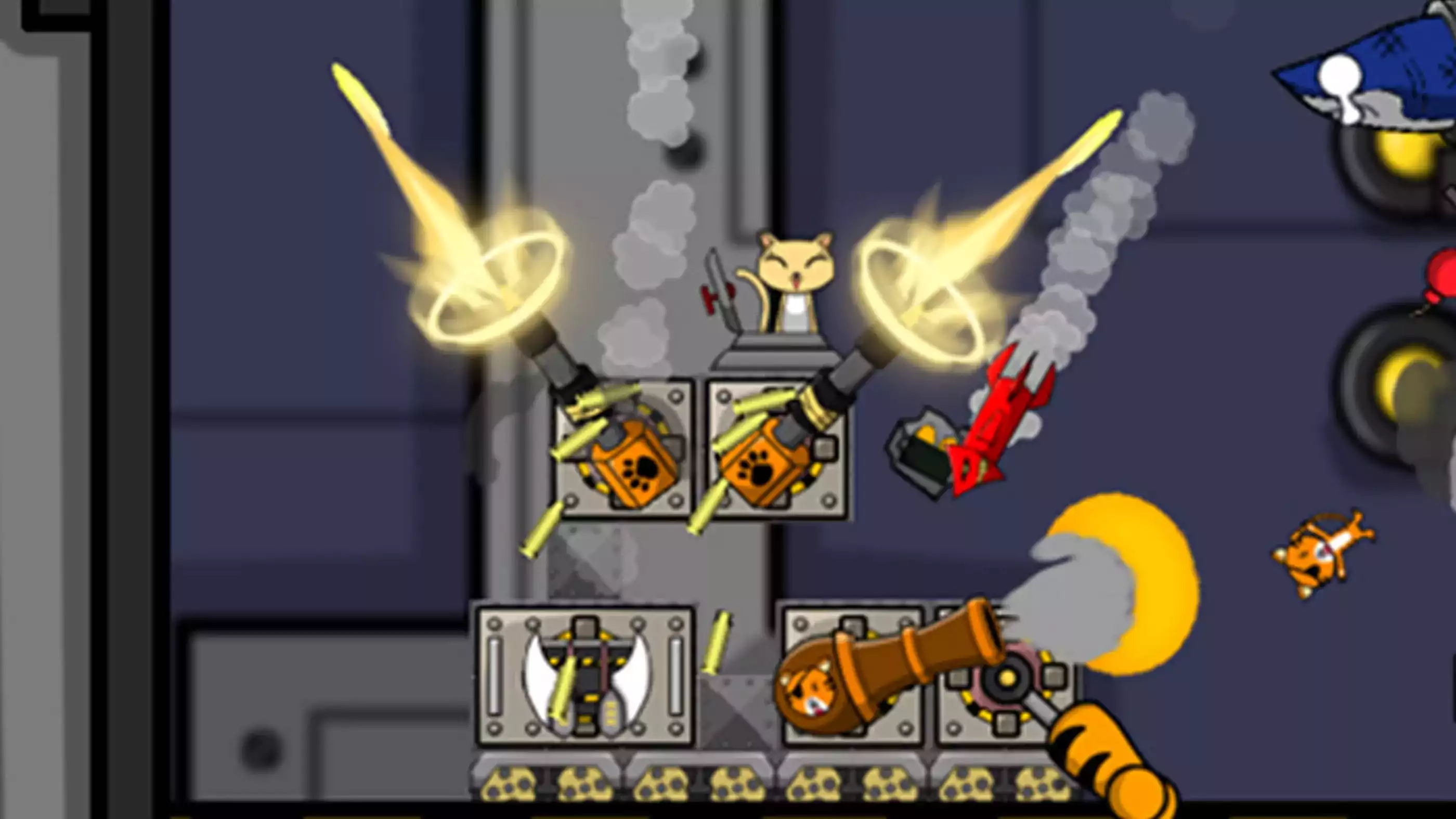 Kitten-piloted battle tank firing guns and bombs. The words "Rain destruction on waves of enemies!" appears
