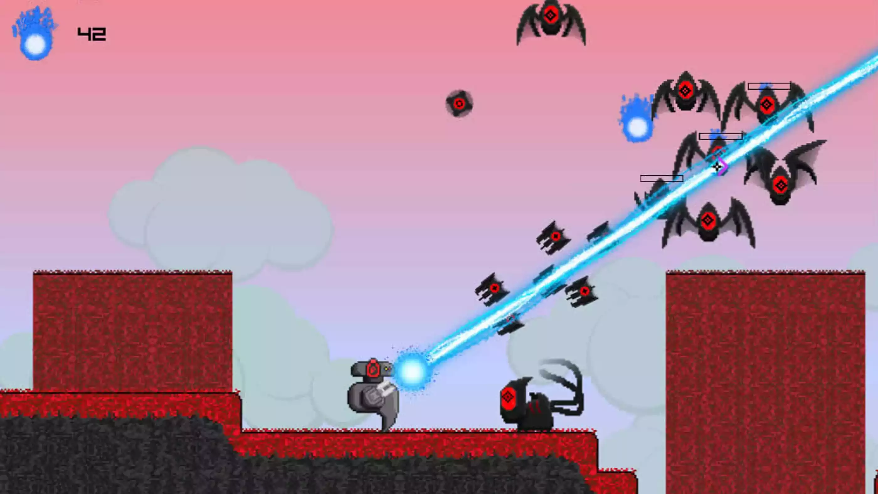 The player's robot character fires magenta bullets as enemy bats shoot back blue balls of fire