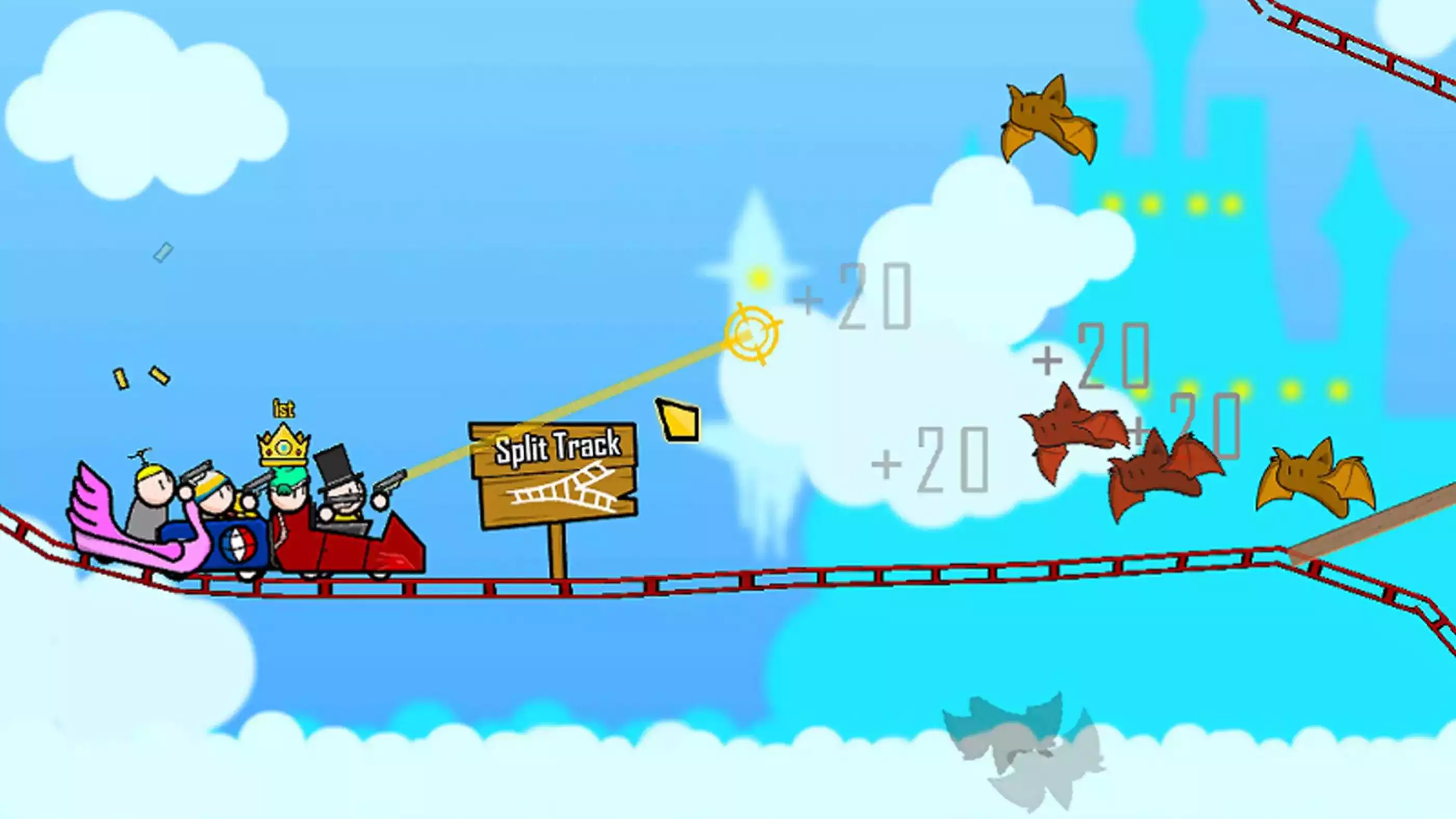 Four player characters on a roller coaster track suspended high in the sky take aim at incoming bats