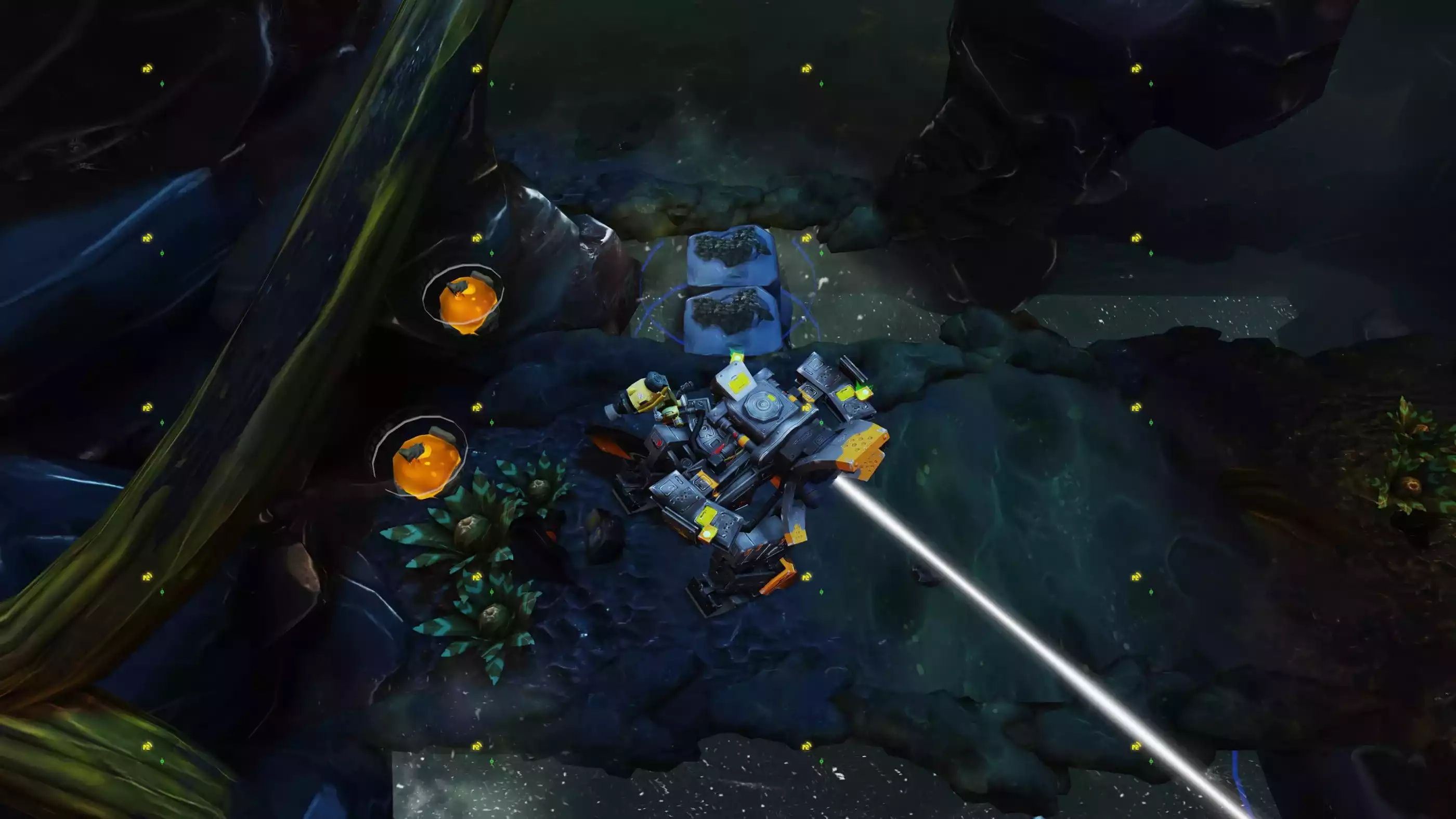 A battle mech shoots a white laser in an underground passage