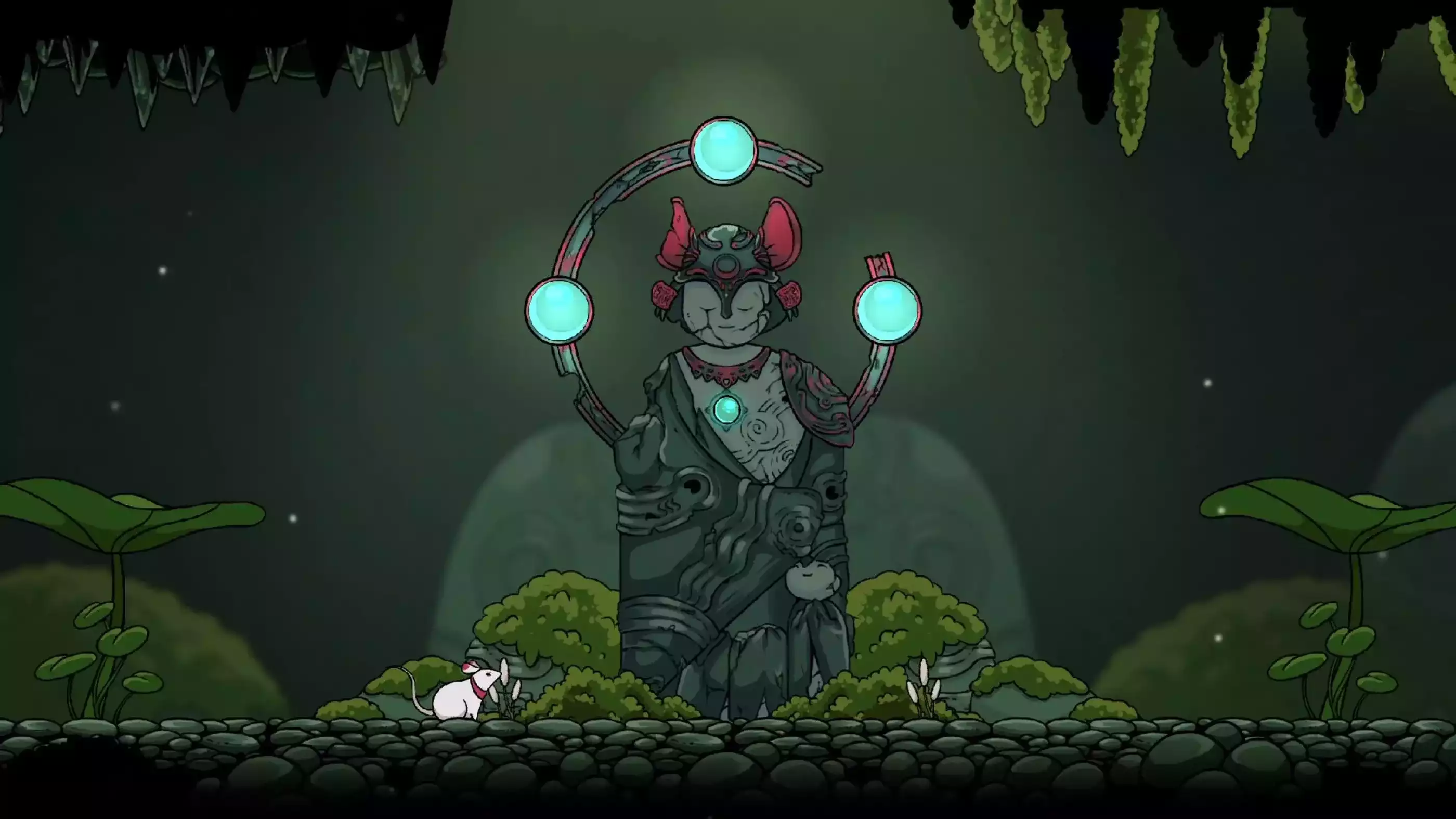 A mouse sits below a broken shrine with 3 blue orbs