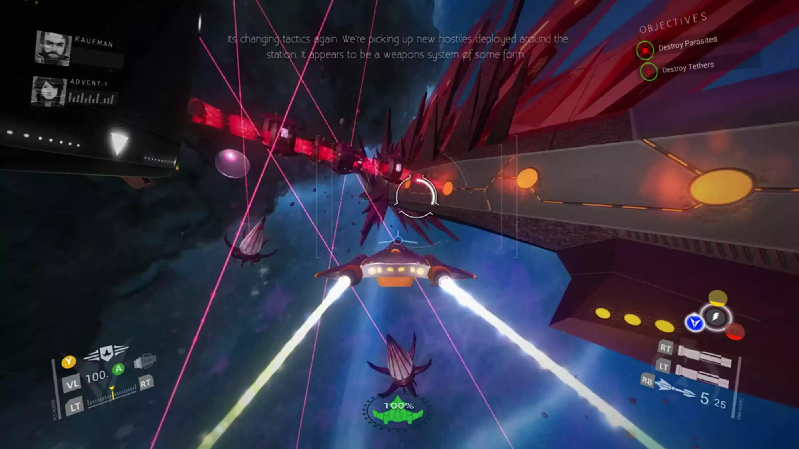 The player's spacecraft cruises toward a massive, angular boss ship. Flower-bud shaped enemies stand in the way