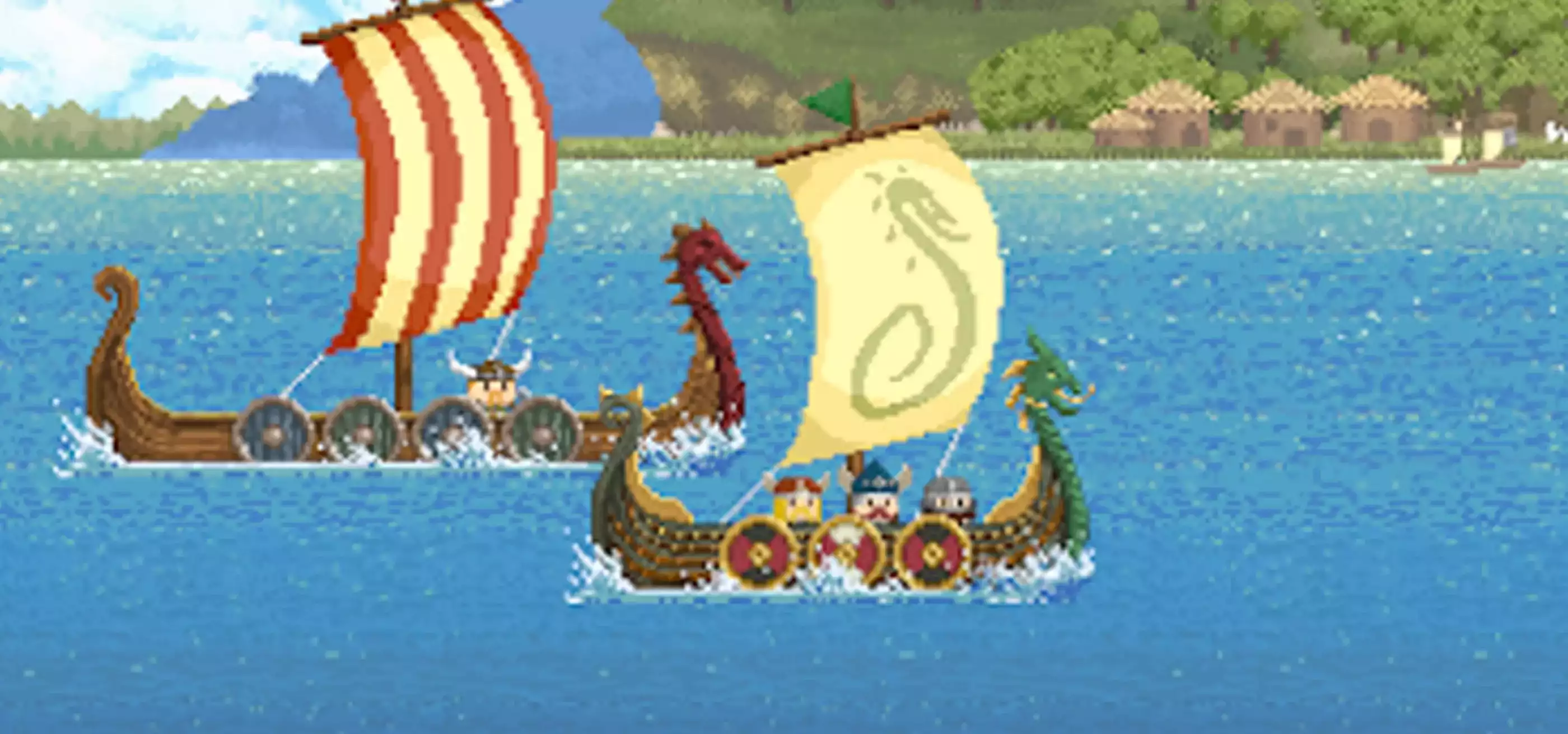 Pixel art screenshot of two viking dragon ships on the water sailing past a village in the background