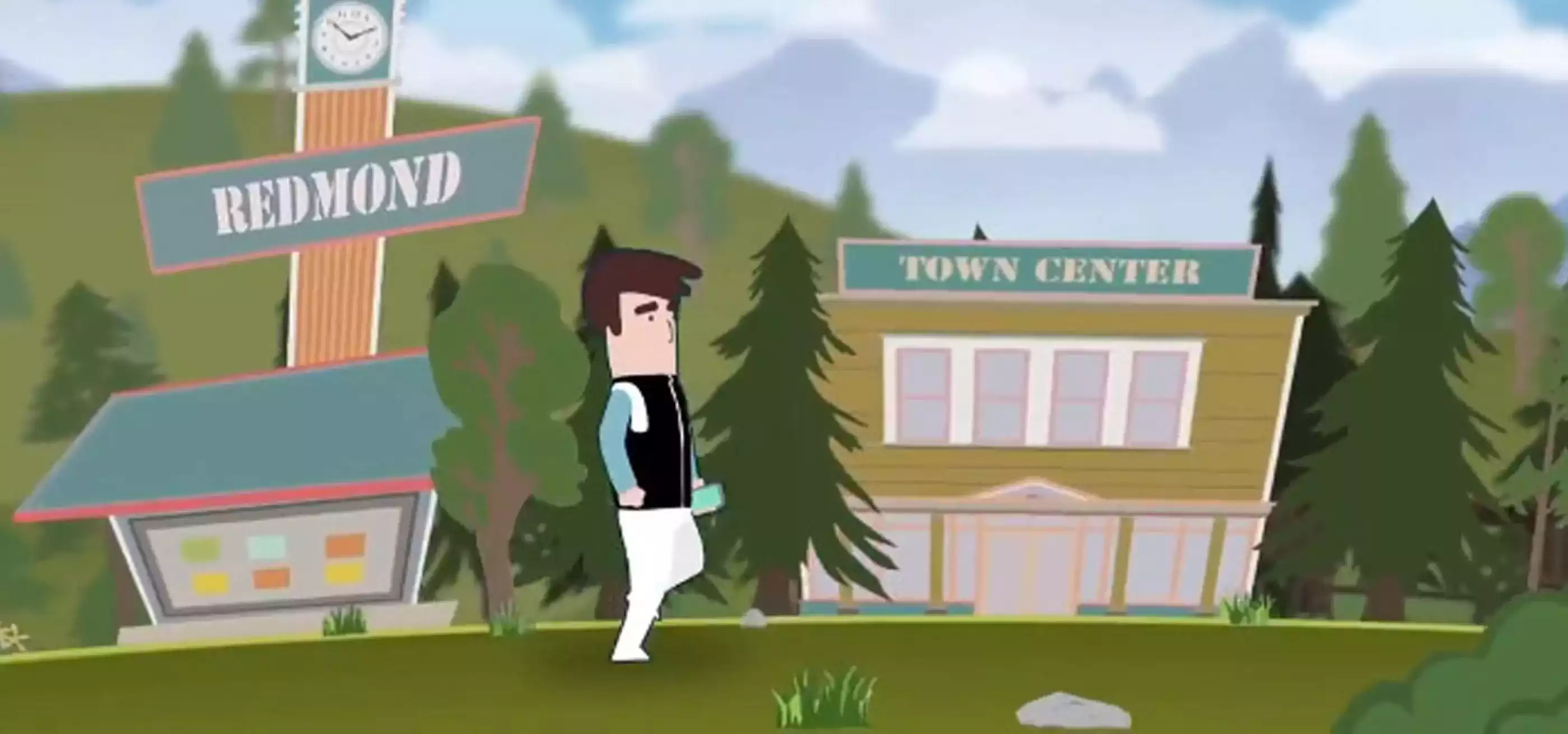 Still frame of 2D animation showing representations of the city of Redmond against a forested and mountainous background
